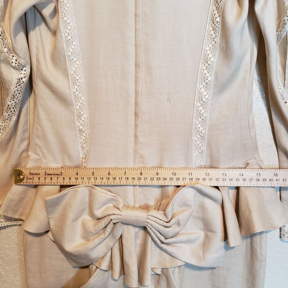 Jessica McClintock Vintage Beige Linen Peplum Ruffle Dress Exquisite, Sz 6 - Picture 15 of 16
